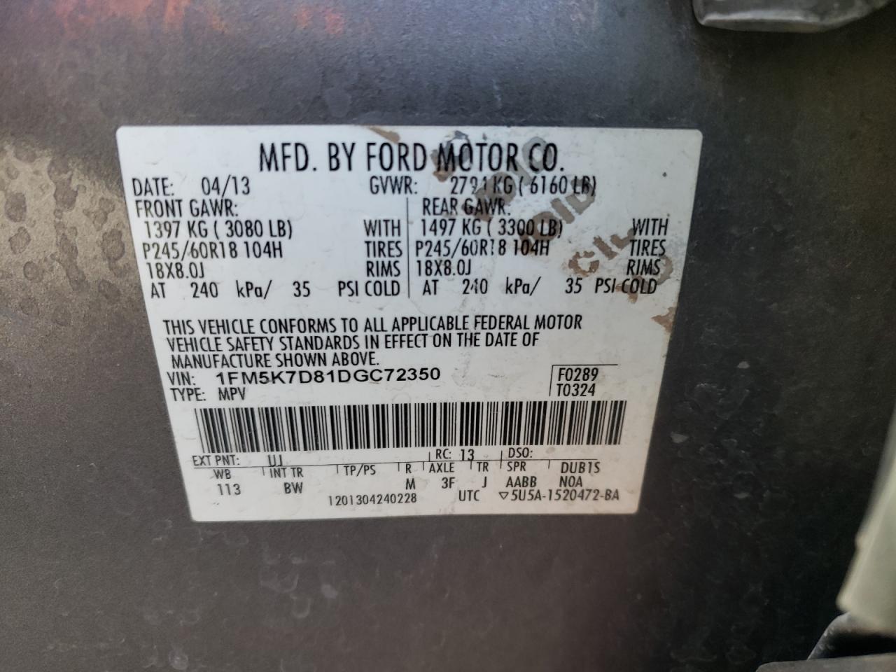 Photo 10 from auction – 2013 FORD EXPLORER X with VIN 1FM5K7D81DGC72350