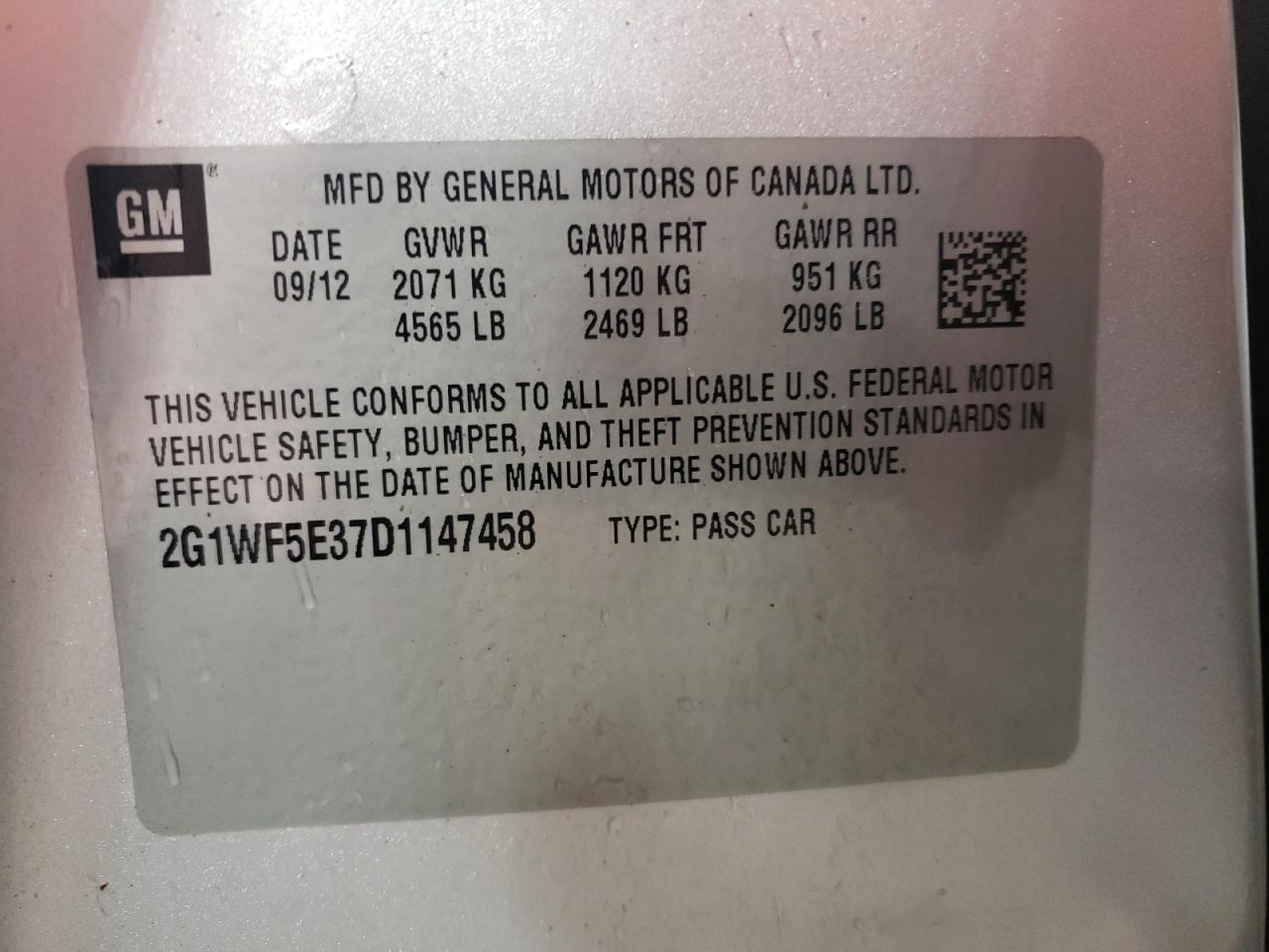Photo 10 from auction – 2013 CHEVROLET IMPALA LS with VIN 2G1WF5E37D1147458