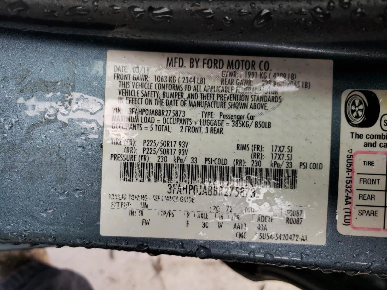 Photo 10 from auction – 2011 FORD FUSION SEL with VIN 3FAHP0JA8BR275873