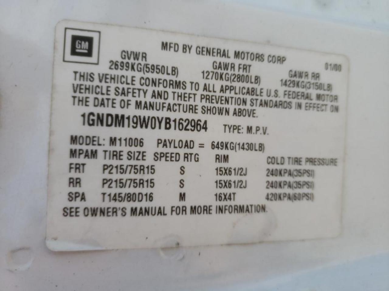 Photo 10 from auction – 2000 CHEVROLET ASTRO with VIN 1GNDM19W0YB162964
