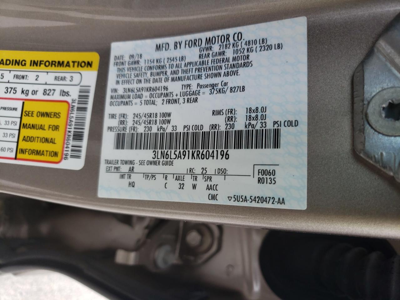 Photo 10 from auction – 2019 LINCOLN MKZ with VIN 3LN6L5A91KR604196