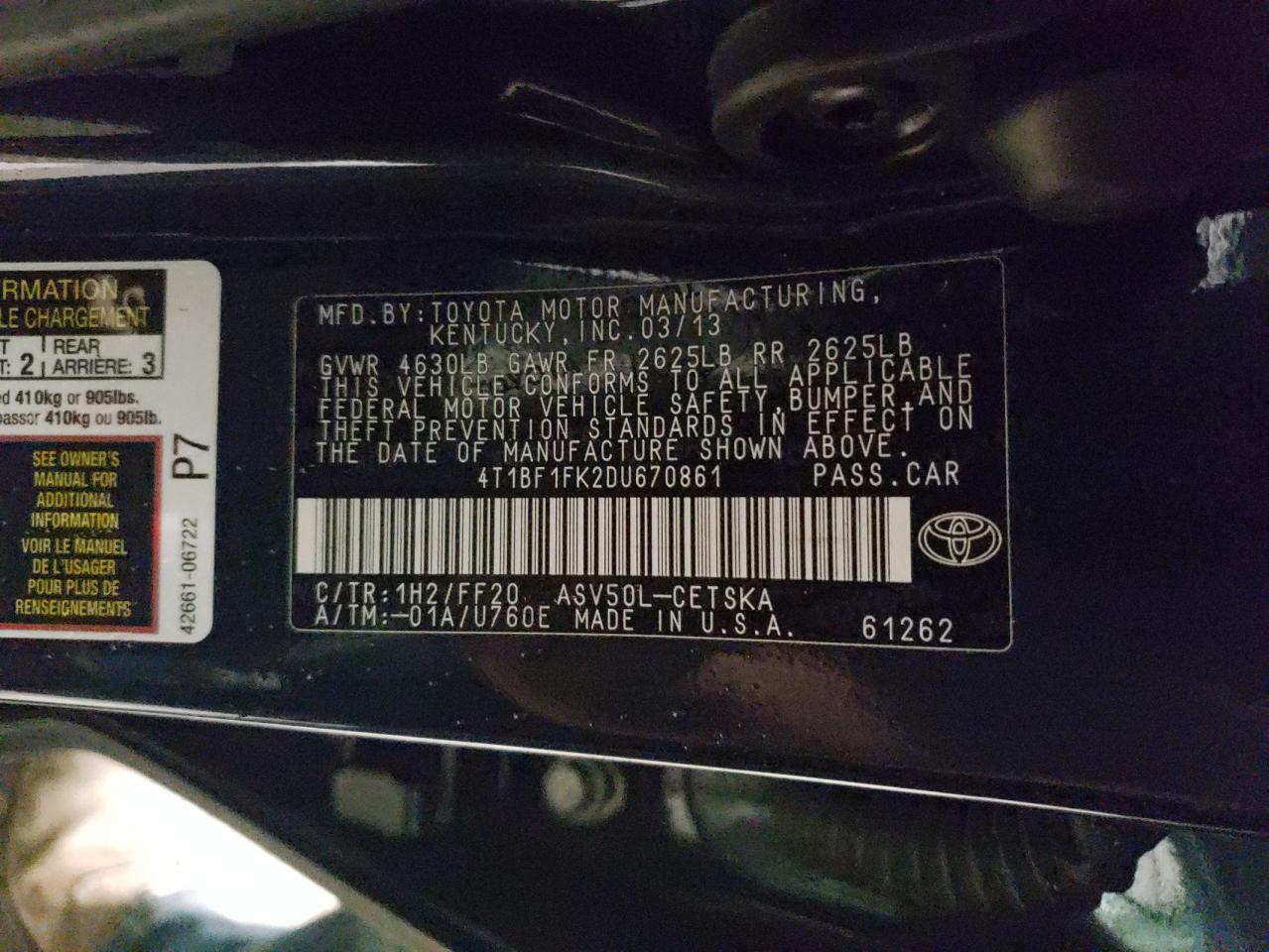 Photo 10 from auction – 2013 TOYOTA CAMRY L with VIN 4T1BF1FK2DU670861