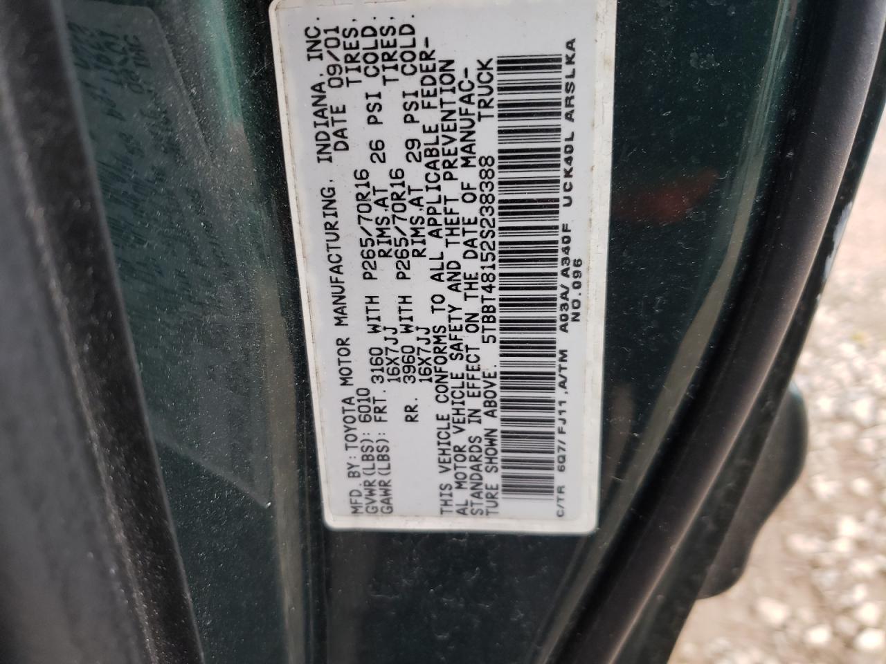 Photo 10 from auction – 2002 TOYOTA TUNDRA ACC with VIN 5TBBT48152S238388