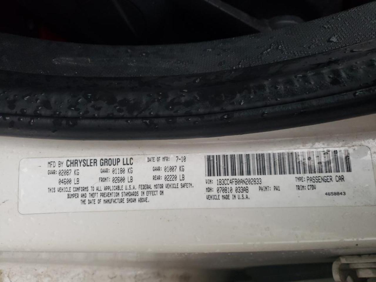 Photo 10 from auction – 2010 DODGE AVENGER SX with VIN 1B3CC4FB0AN202833
