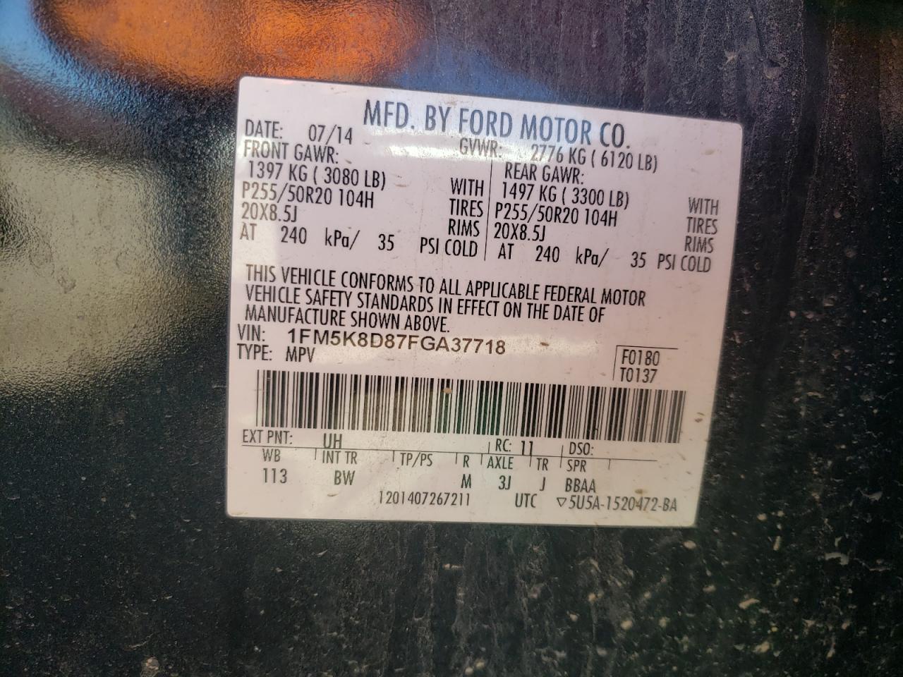 Photo 10 from auction – 2015 FORD EXPLORER X with VIN 1FM5K8D87FGA37718