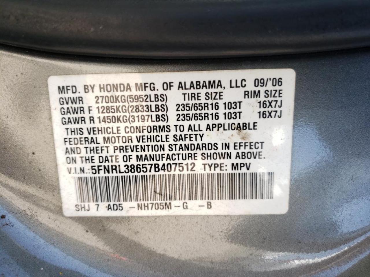 Photo 10 from auction – 2007 HONDA ODYSSEY EX with VIN 5FNRL38657B407512
