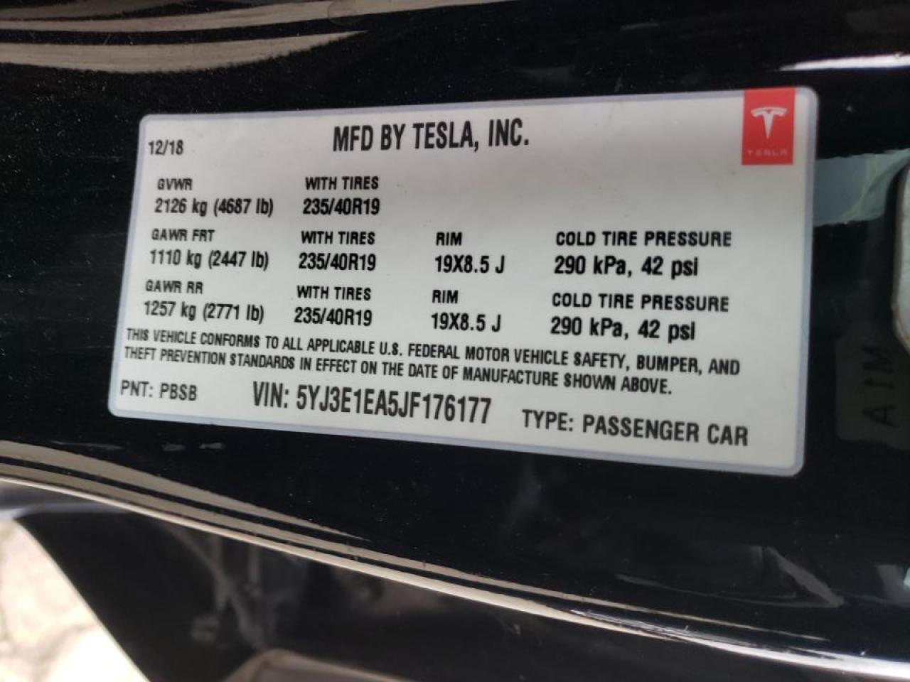 Photo 10 from auction – 2018 TESLA MODEL 3 with VIN 5YJ3E1EA5JF176177
