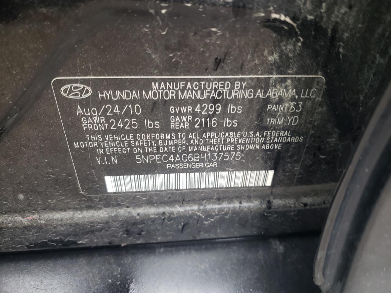 Photo 10 from auction – 2011 HYUNDAI SONATA SE with VIN 5NPEC4AC6BH137575