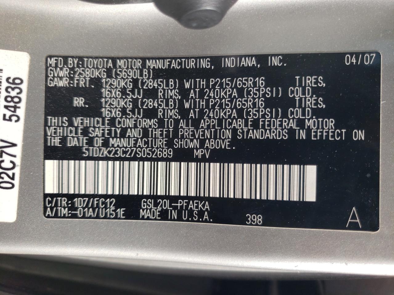 Photo 10 from auction – 2007 TOYOTA SIENNA CE with VIN 5TDZK23C27S052689