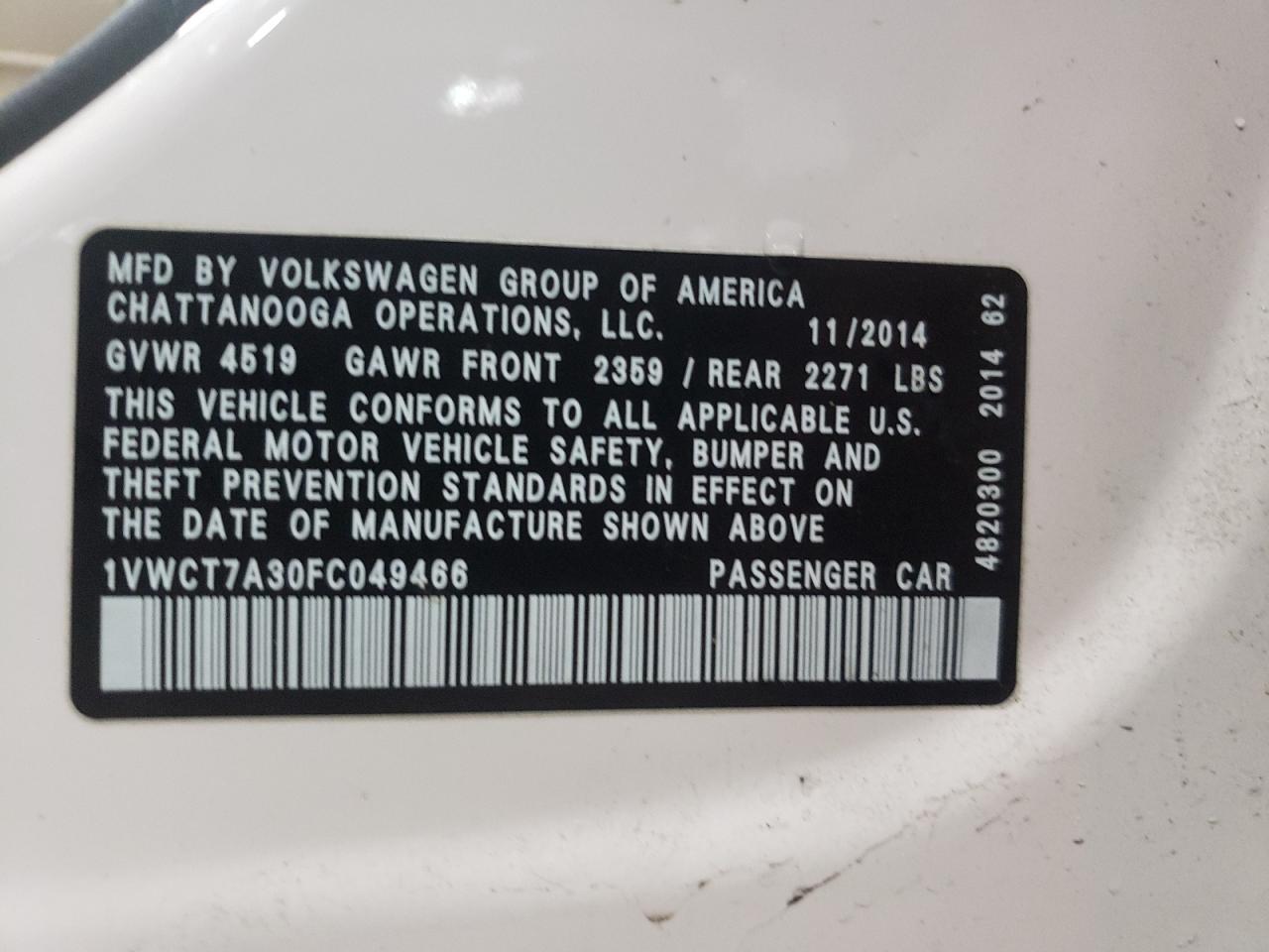 Photo 10 from auction – 2015 VOLKSWAGEN PASSAT SEL with VIN 1VWCT7A30FC049466
