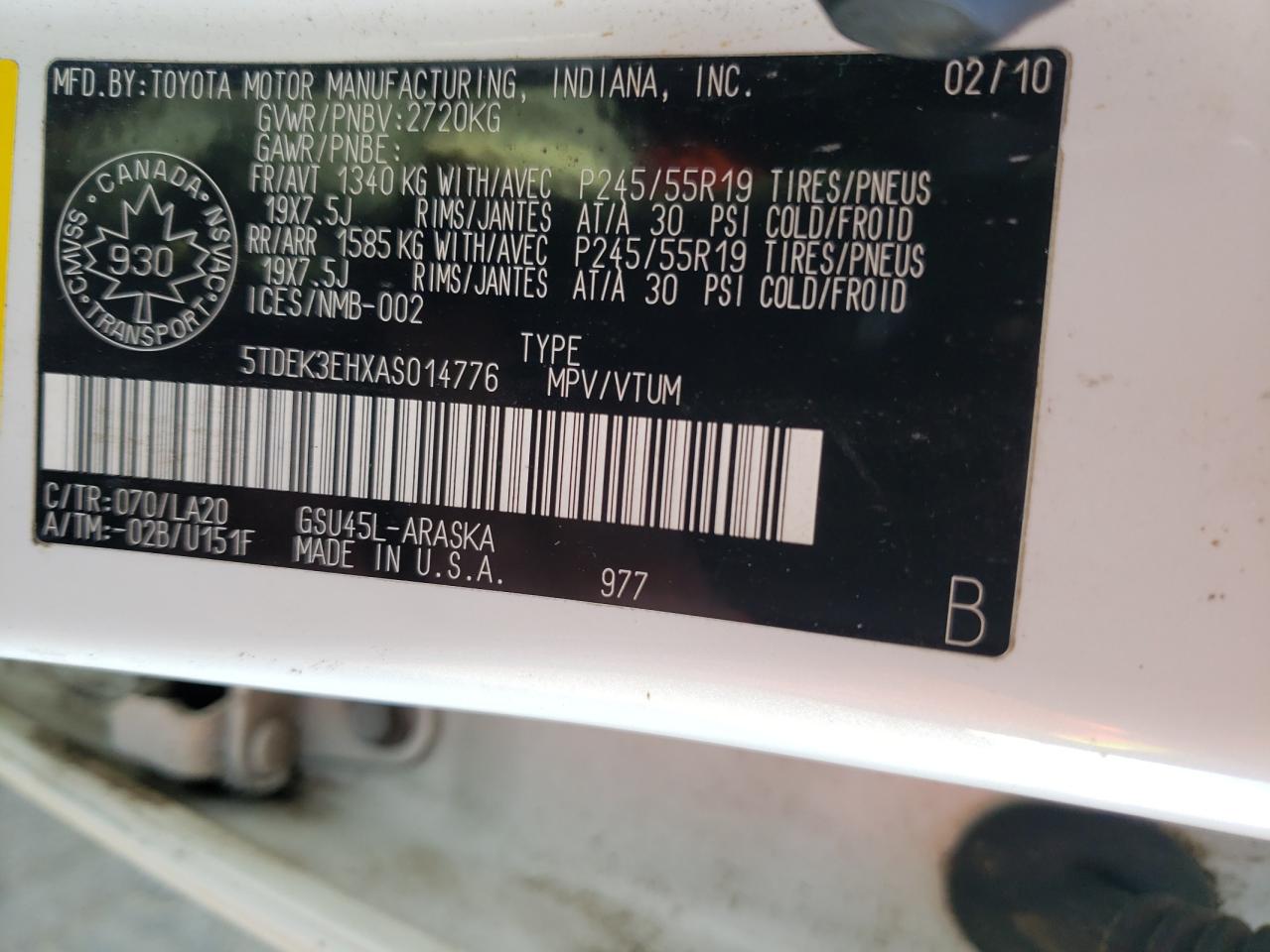 Zdjęcie 10 z aukcji – 2010 TOYOTA HIGHLANDER z VIN 5TDEK3EHXAS014776