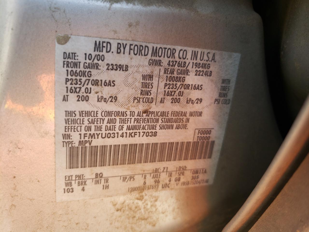 Photo 10 from auction – 2001 FORD ESCAPE XLT with VIN 1FMYU03141KF17038