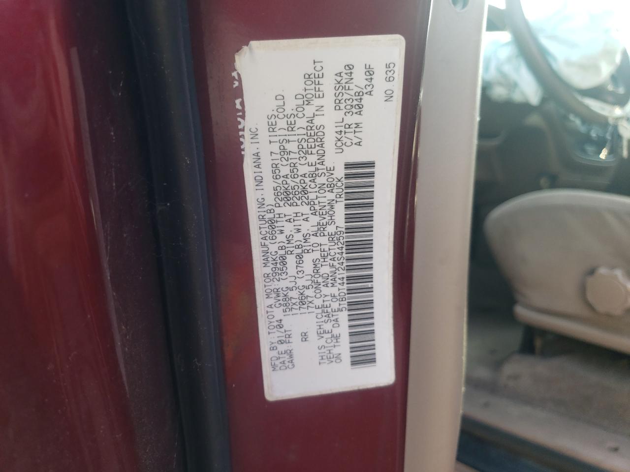 Photo 10 from auction – 2004 TOYOTA TUNDRA DOU with VIN 5TBDT44124S442597