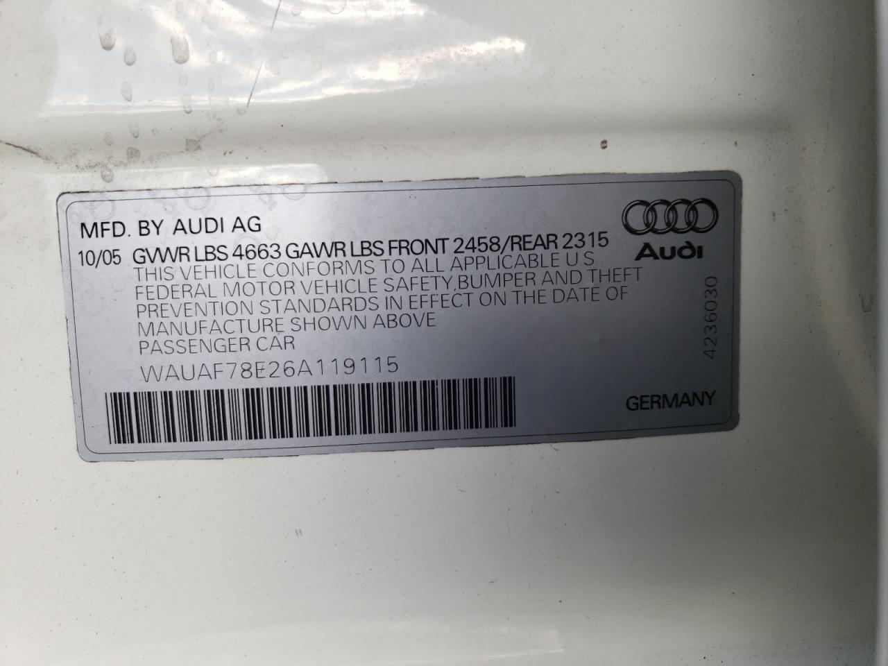 Photo 10 from auction – 2006 AUDI A4 2 TURBO with VIN WAUAF78E26A119115