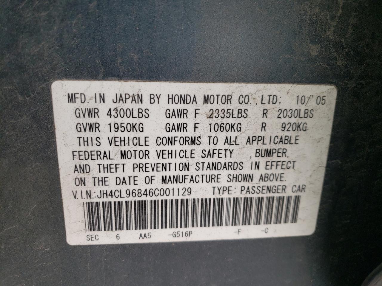 Photo 10 from auction – 2006 ACURA TSX with VIN JH4CL96846C001129