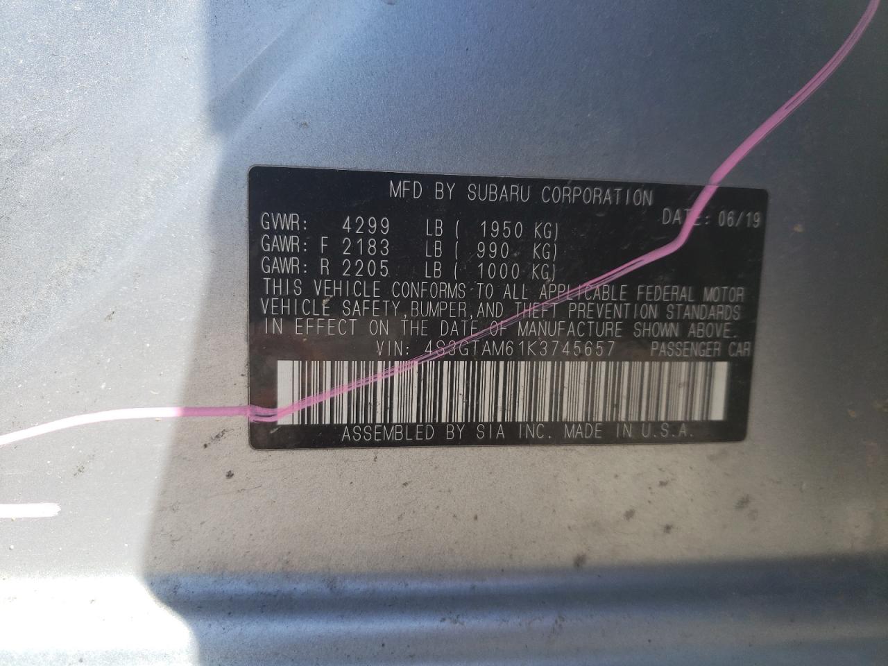 Photo 10 from auction – 2019 SUBARU IMPREZA SP with VIN 4S3GTAM61K3745657