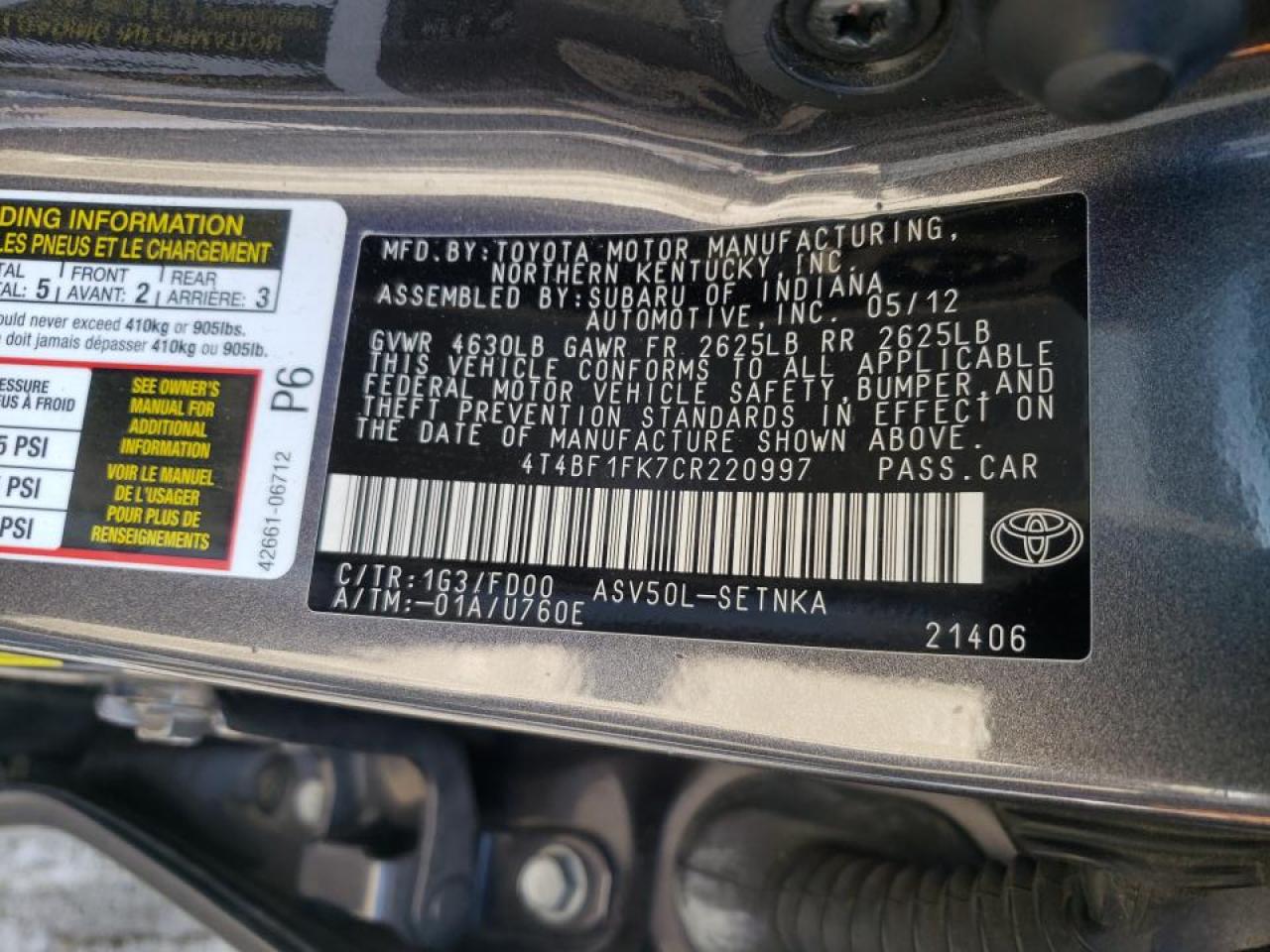 Photo 10 from auction – 2012 TOYOTA CAMRY BASE with VIN 4T4BF1FK7CR220997
