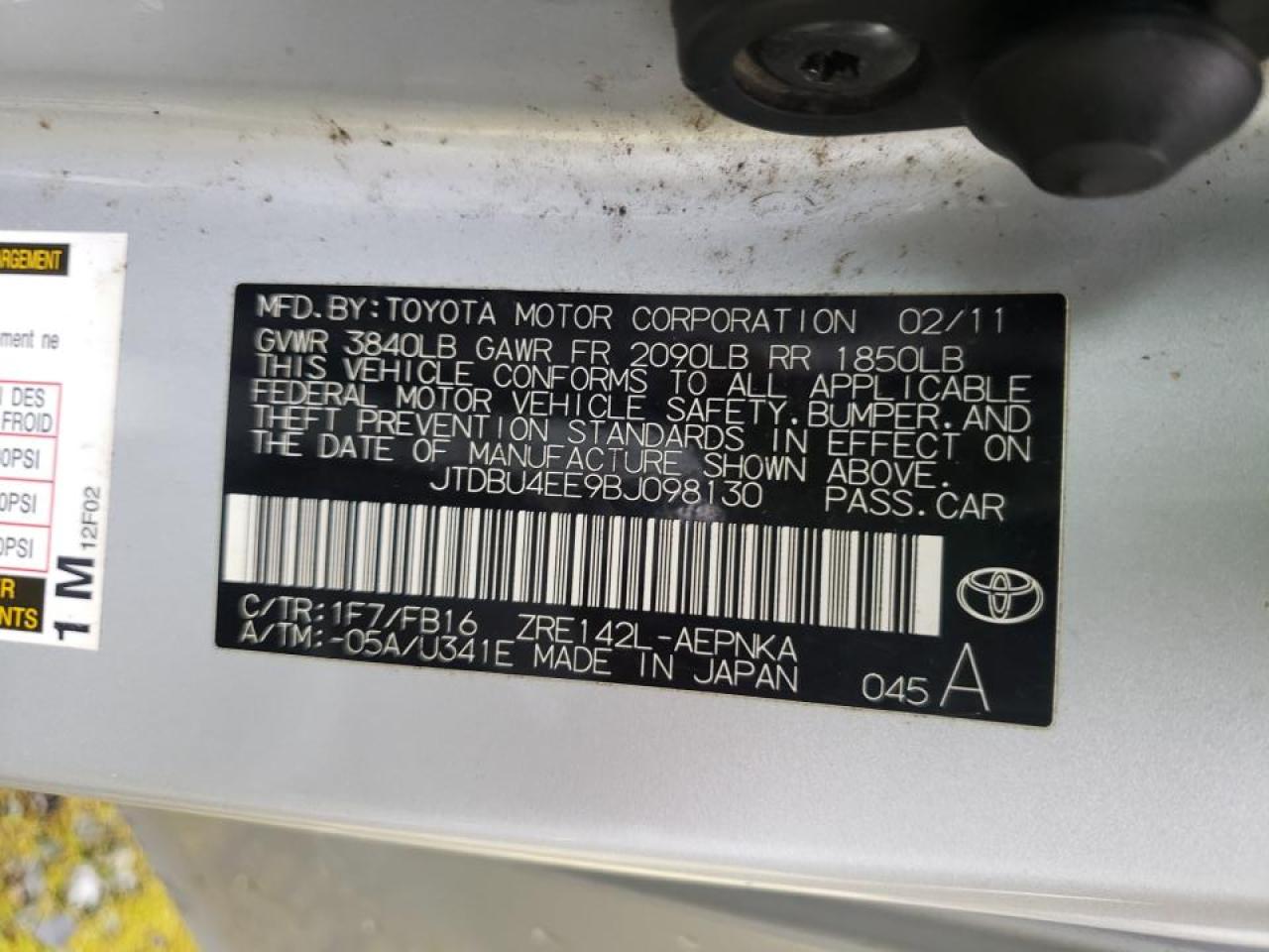 Photo 10 from auction – 2011 TOYOTA COROLLA BA with VIN JTDBU4EE9BJ098130