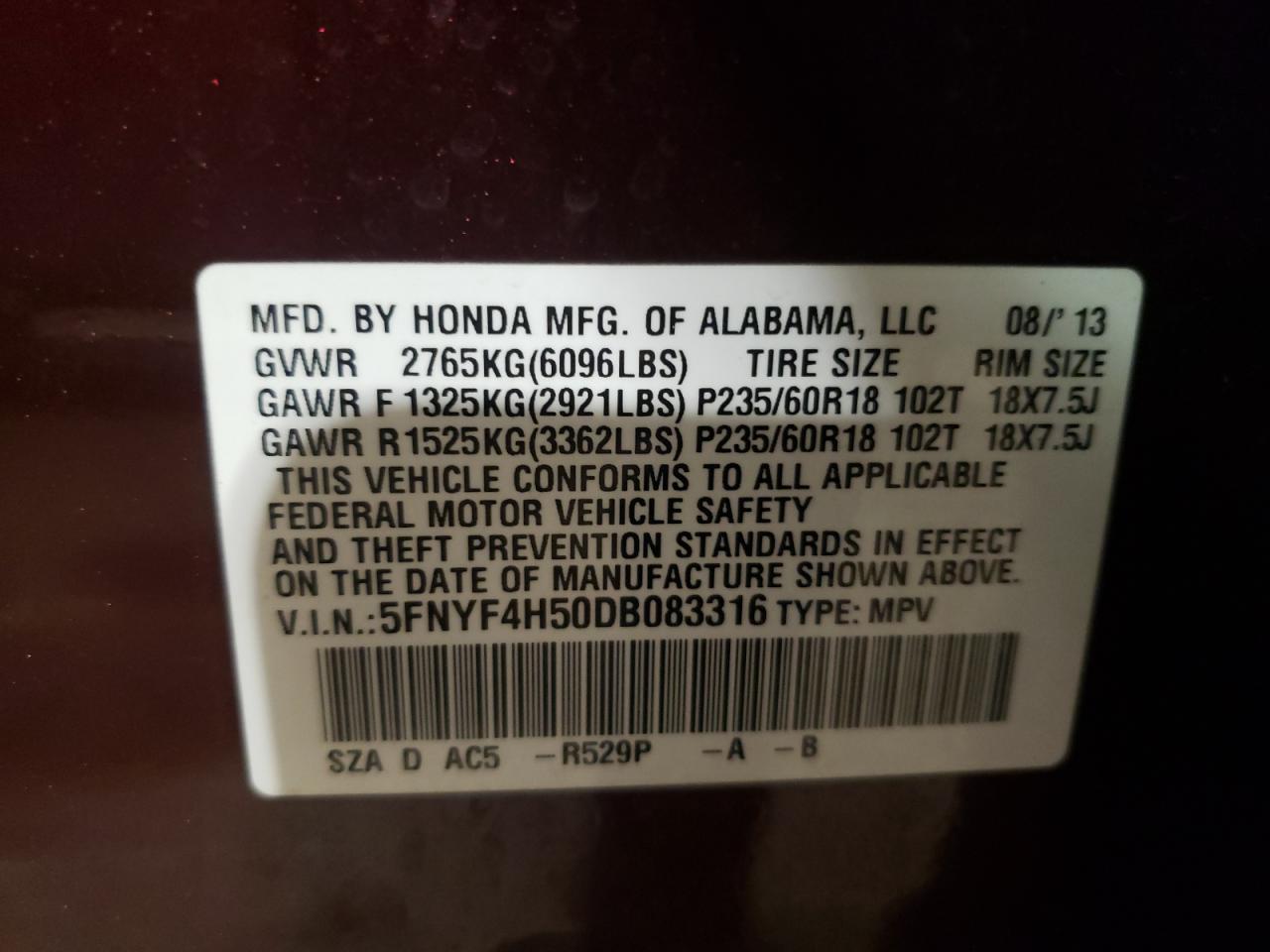 Photo 10 from auction – 2013 HONDA PILOT EXL with VIN 5FNYF4H50DB083316