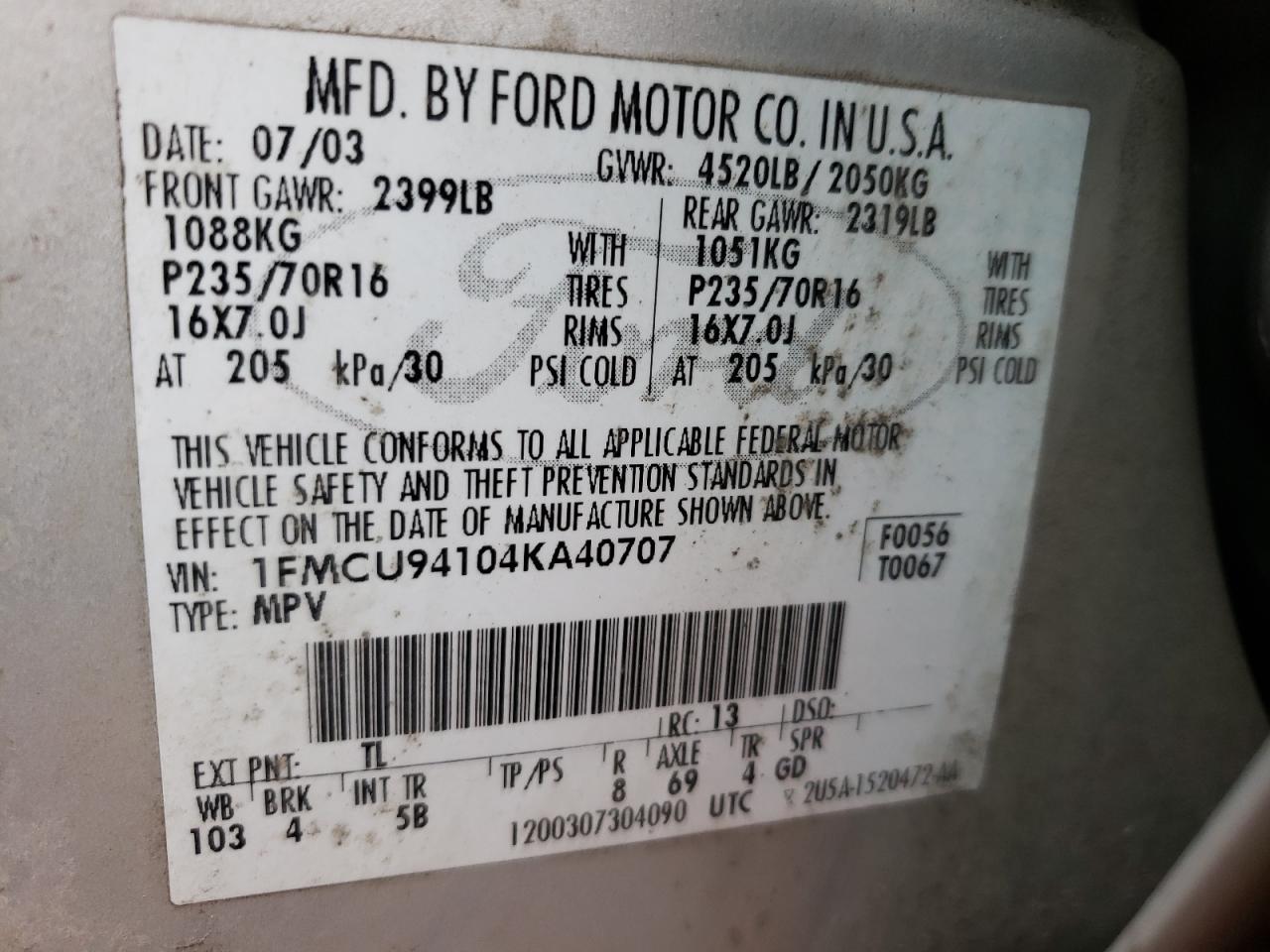 Photo 10 from auction – 2004 FORD ESCAPE LIM with VIN 1FMCU94104KA40707