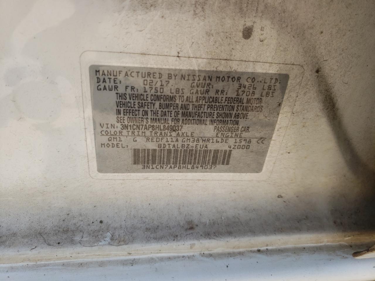 Photo 10 from auction – 2017 NISSAN VERSA S with VIN 3N1CN7AP8HL849037
