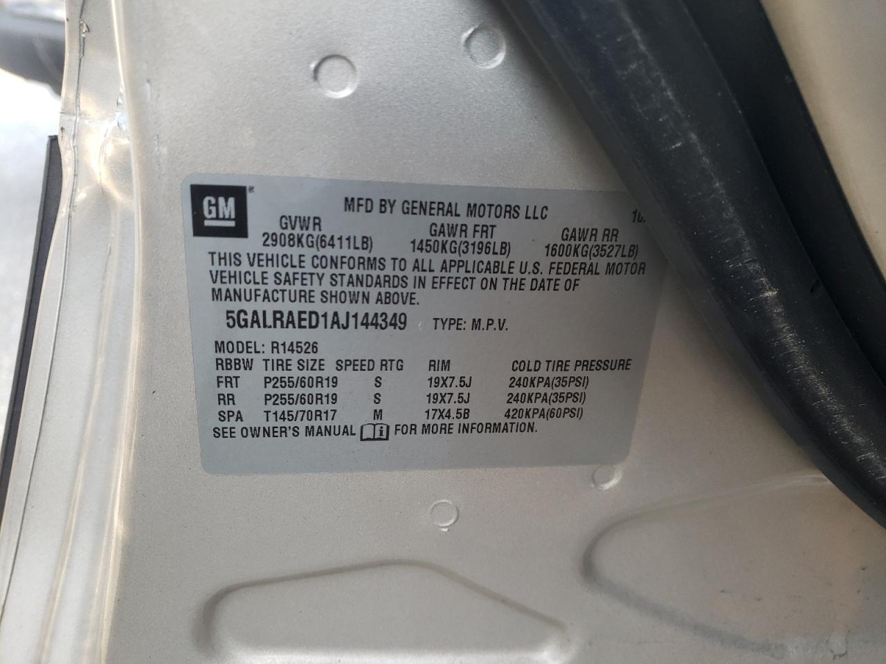 Photo 10 from auction – 2010 BUICK ENCLAVE CX with VIN 5GALRAED1AJ144349