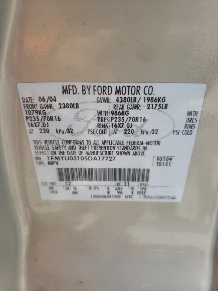 Photo 10 from auction – 2005 FORD ESCAPE XLT with VIN 1FMYU03105DA17727