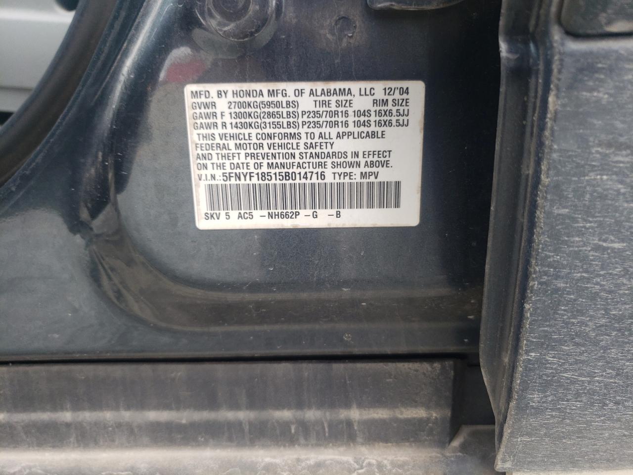 Photo 10 from auction – 2005 HONDA PILOT EXL with VIN 5FNYF18515B014716