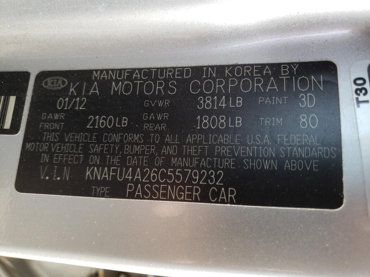 Photo 10 from auction – 2012 KIA FORTE EX with VIN KNAFU4A26C5579232