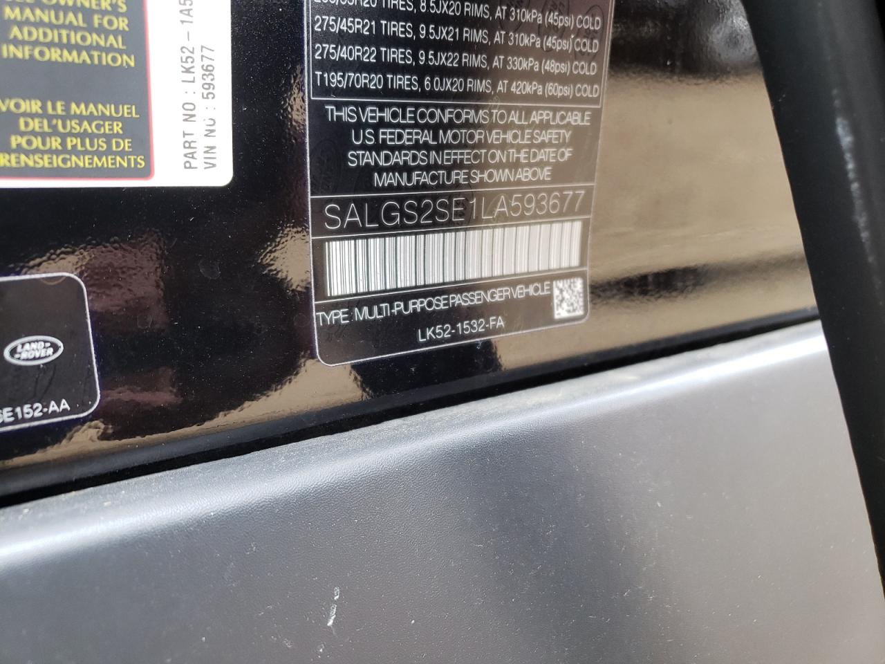 Photo 10 from auction – 2020 LAND ROVER RANGE ROVE with VIN SALGS2SE1LA593677