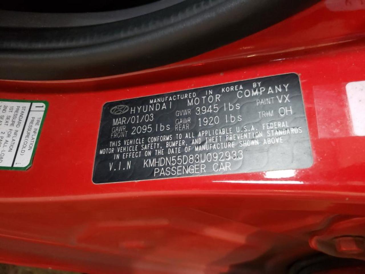 Photo 10 from auction – 2003 HYUNDAI ELANTRA GL with VIN KMHDN55D83U092933