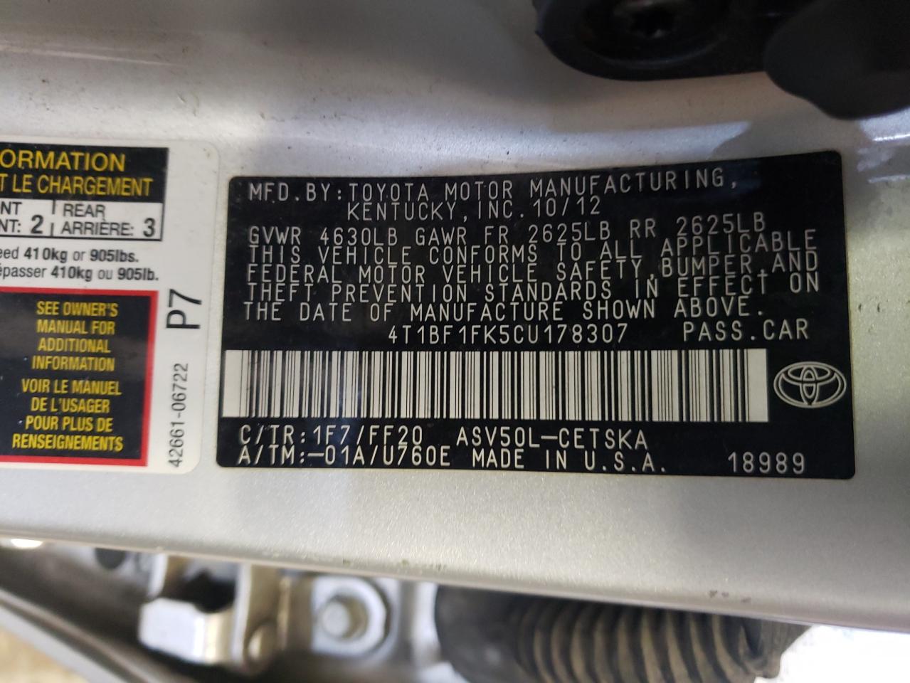Photo 10 from auction – 2012 TOYOTA CAMRY BASE with VIN 4T1BF1FK5CU178307
