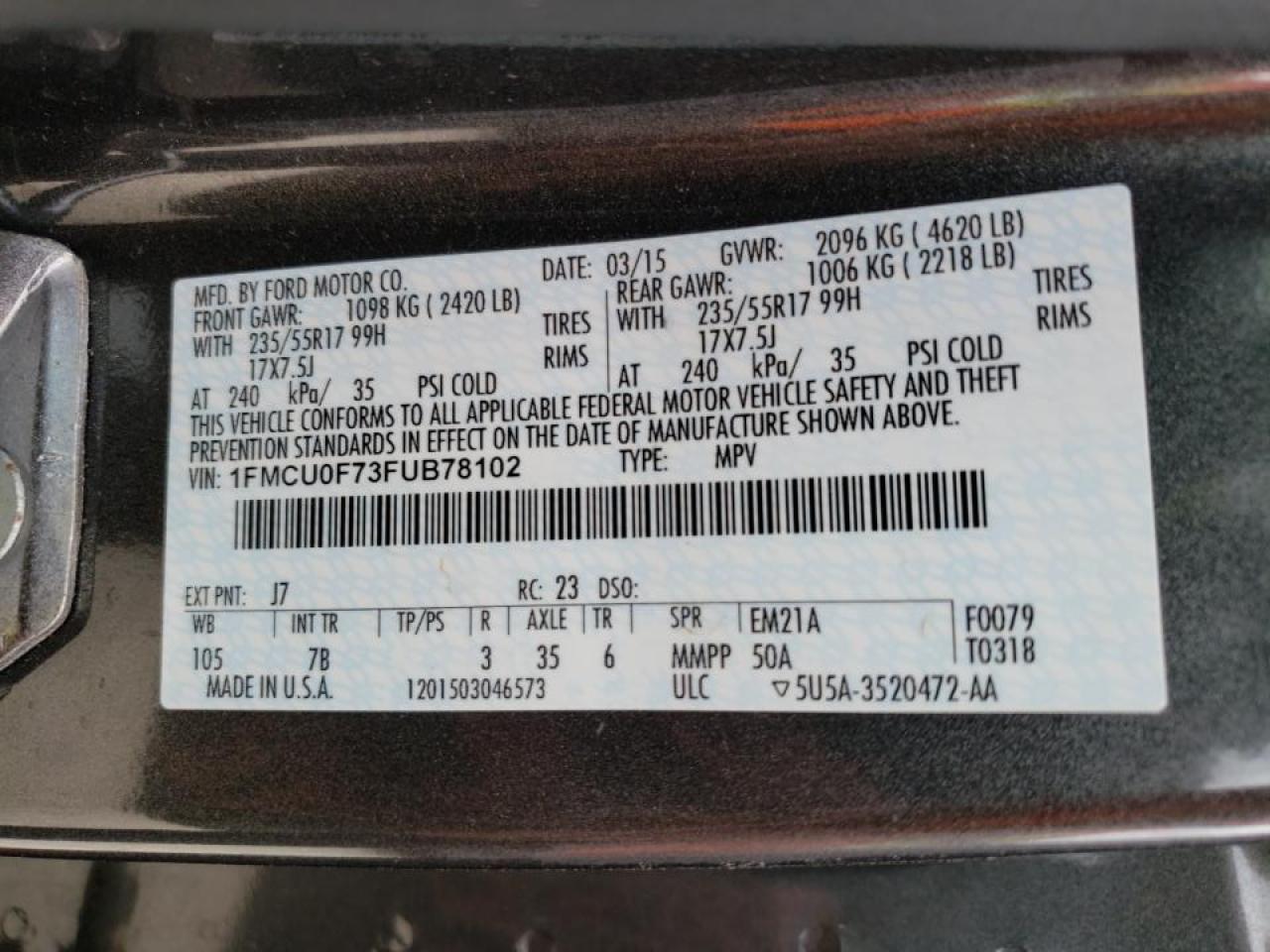 Photo 10 from auction – 2015 FORD ESCAPE S with VIN 1FMCU0F73FUB78102