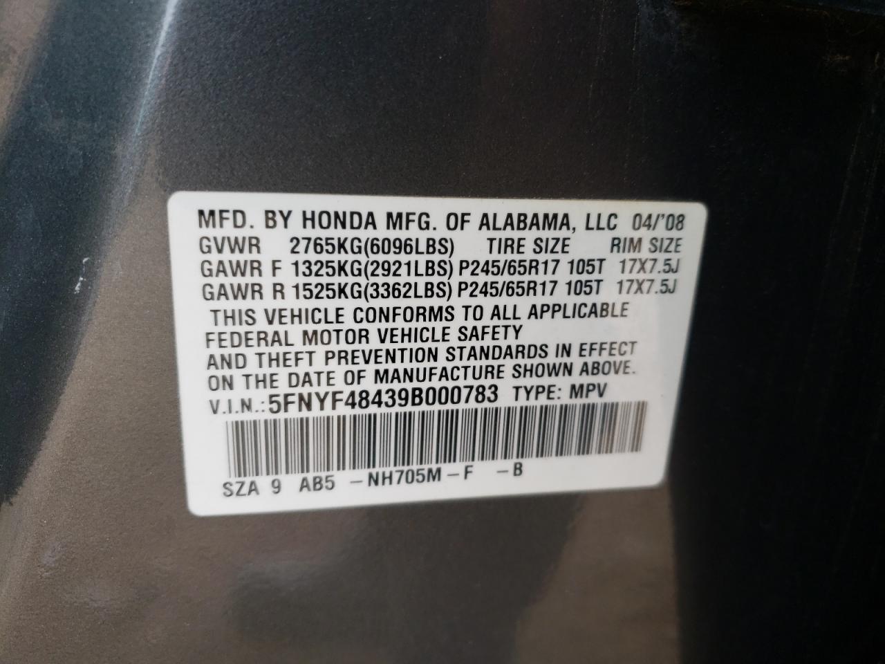 Photo 10 from auction – 2009 HONDA PILOT EX with VIN 5FNYF48439B000783