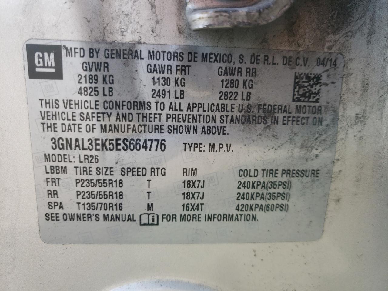 Photo 10 from auction – 2014 CHEVROLET CAPTIVA LT with VIN 3GNAL3EK5ES664776
