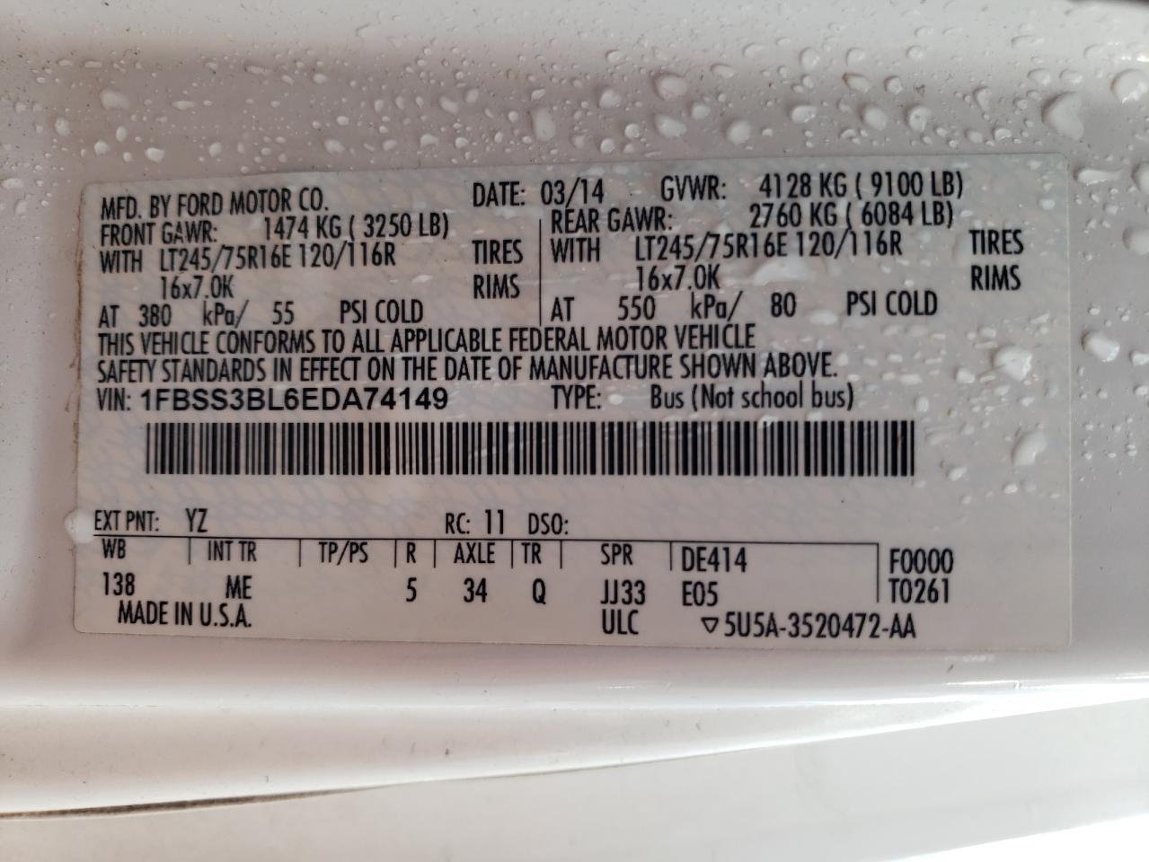 Photo 10 from auction – 2014 FORD ECONOLINE with VIN 1FBSS3BL6EDA74149
