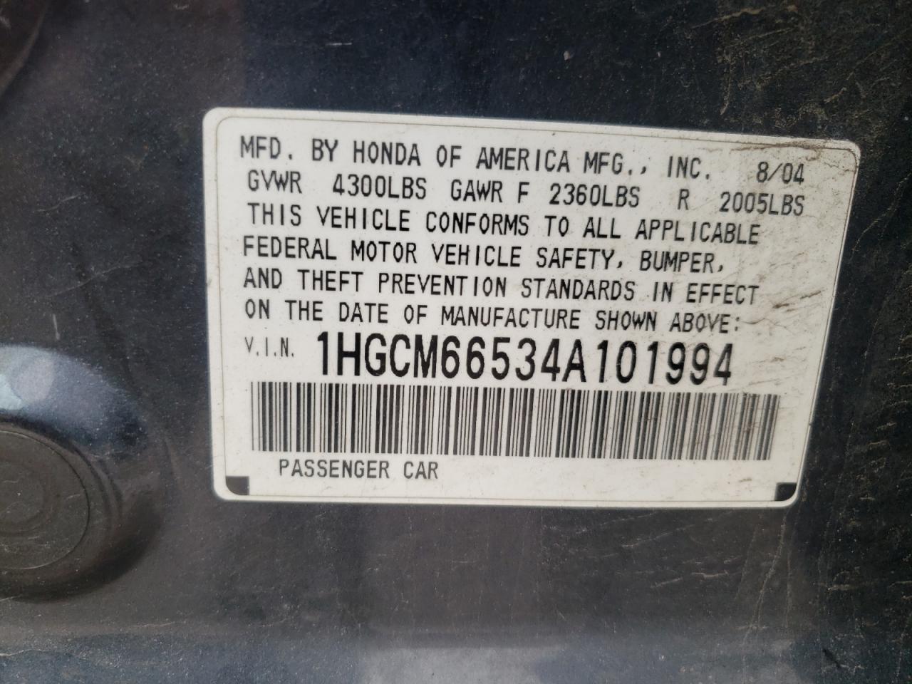 Photo 10 from auction – 2004 HONDA ACCORD EX with VIN 1HGCM66534A101994