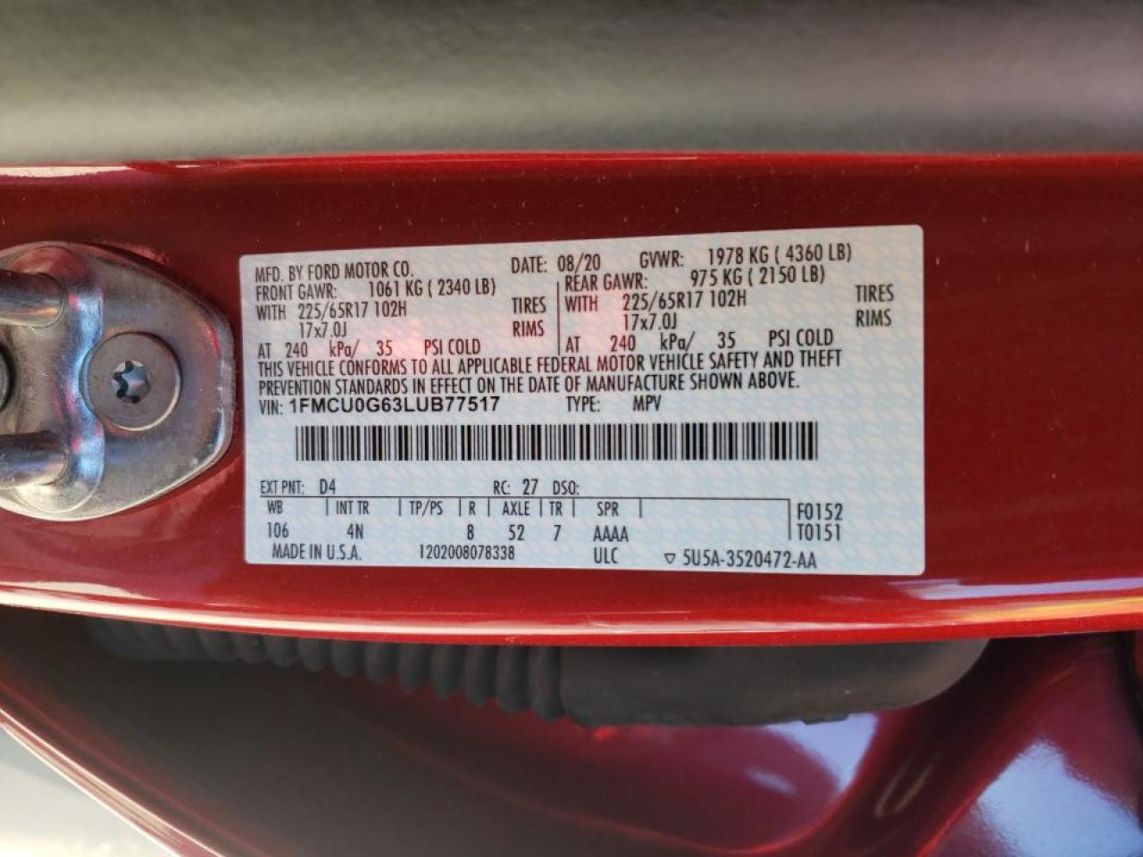 Photo 10 from auction – 2020 FORD ESCAPE SE with VIN 1FMCU0G63LUB77517
