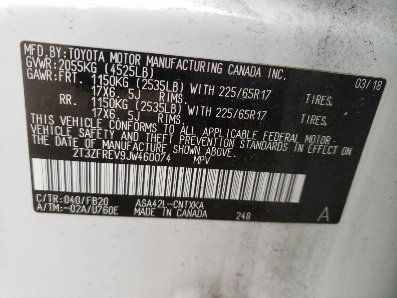 Photo 10 from auction – 2018 TOYOTA RAV4 LE with VIN 2T3ZFREV9JW460074