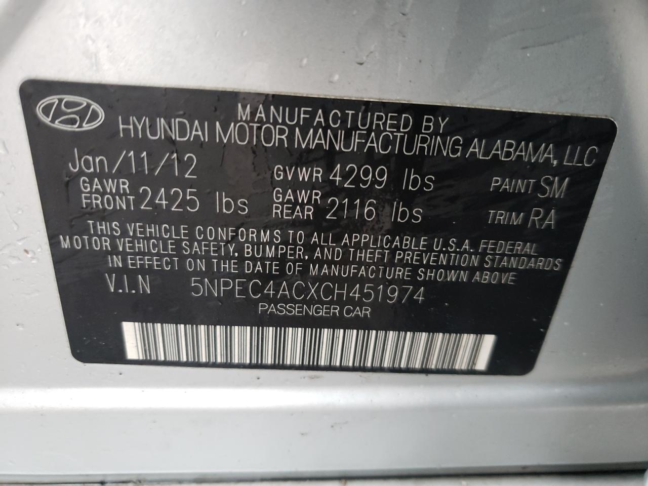 Photo 10 from auction – 2012 HYUNDAI SONATA SE with VIN 5NPEC4ACXCH451974