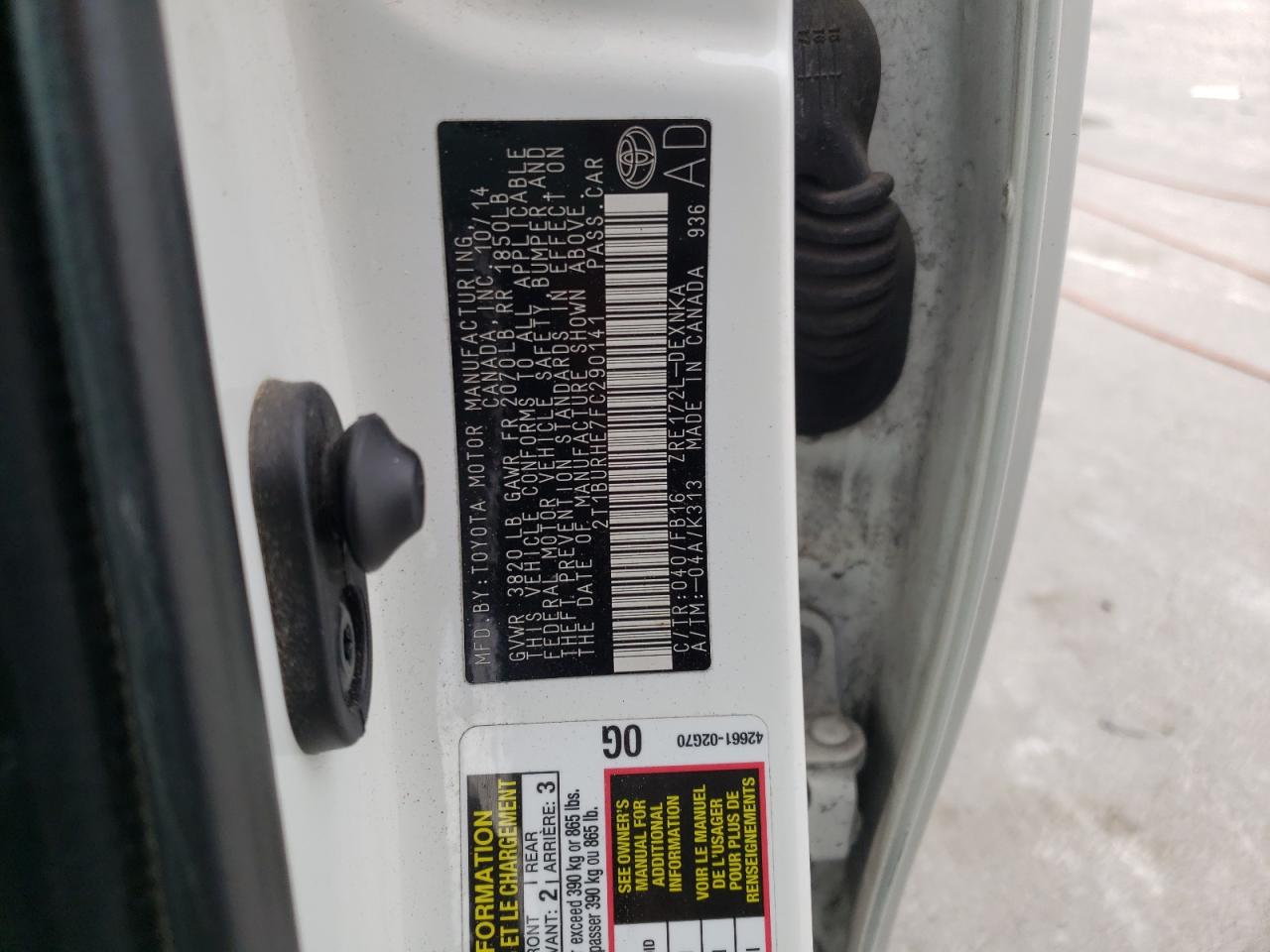 Photo 10 from auction – 2015 TOYOTA COROLLA L with VIN 2T1BURHE7FC290141