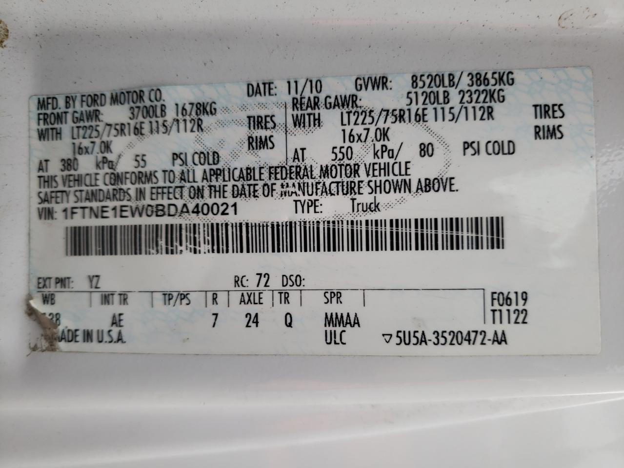 Photo 10 from auction – 2011 FORD ECONOLINE with VIN 1FTNE1EW0BDA40021
