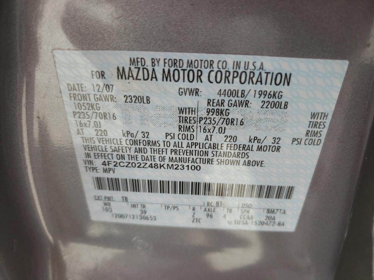 Photo 10 from auction – 2008 MAZDA TRIBUTE I with VIN 4F2CZ02Z48KM23100