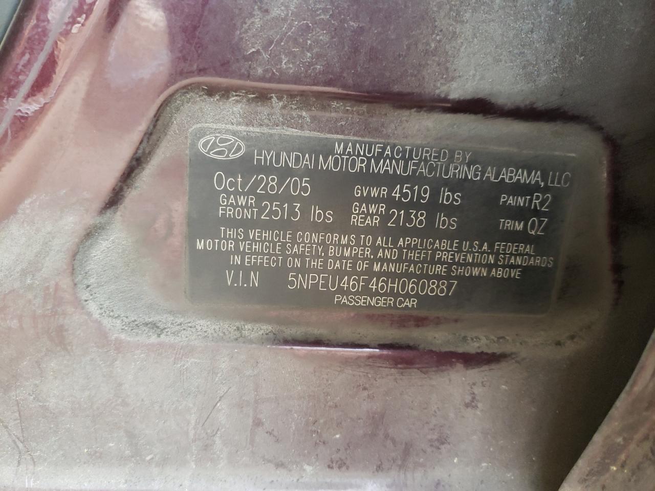 Photo 10 from auction – 2006 HYUNDAI SONATA GLS with VIN 5NPEU46F46H060887