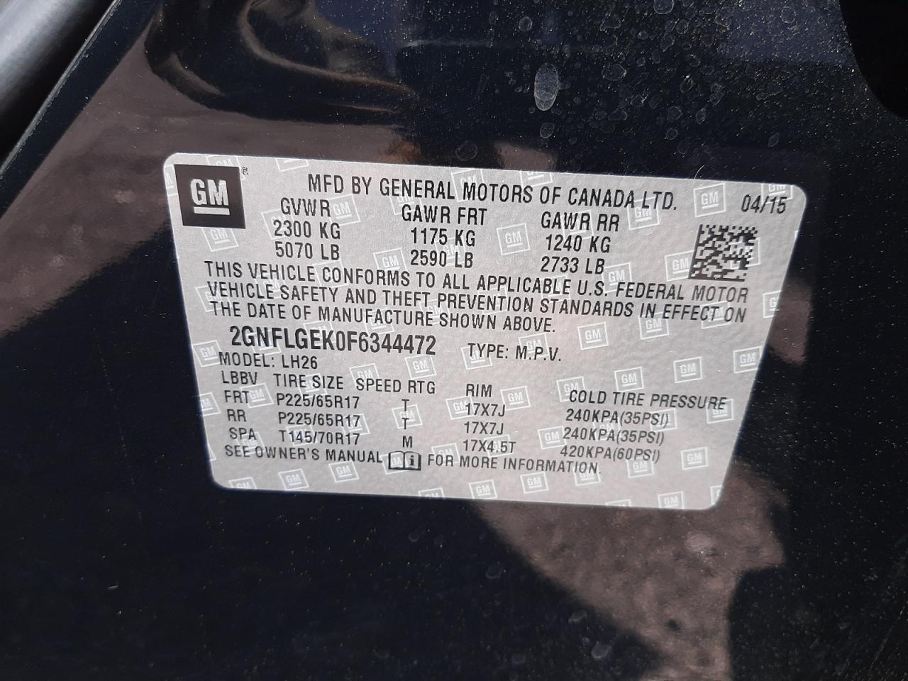 Photo 10 from auction – 2015 CHEVROLET EQUINOX LT with VIN 2GNFLGEK0F6344472