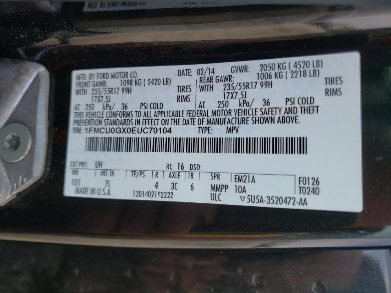 Photo 10 from auction – 2014 FORD ESCAPE SE with VIN 1FMCU0GX0EUC70104