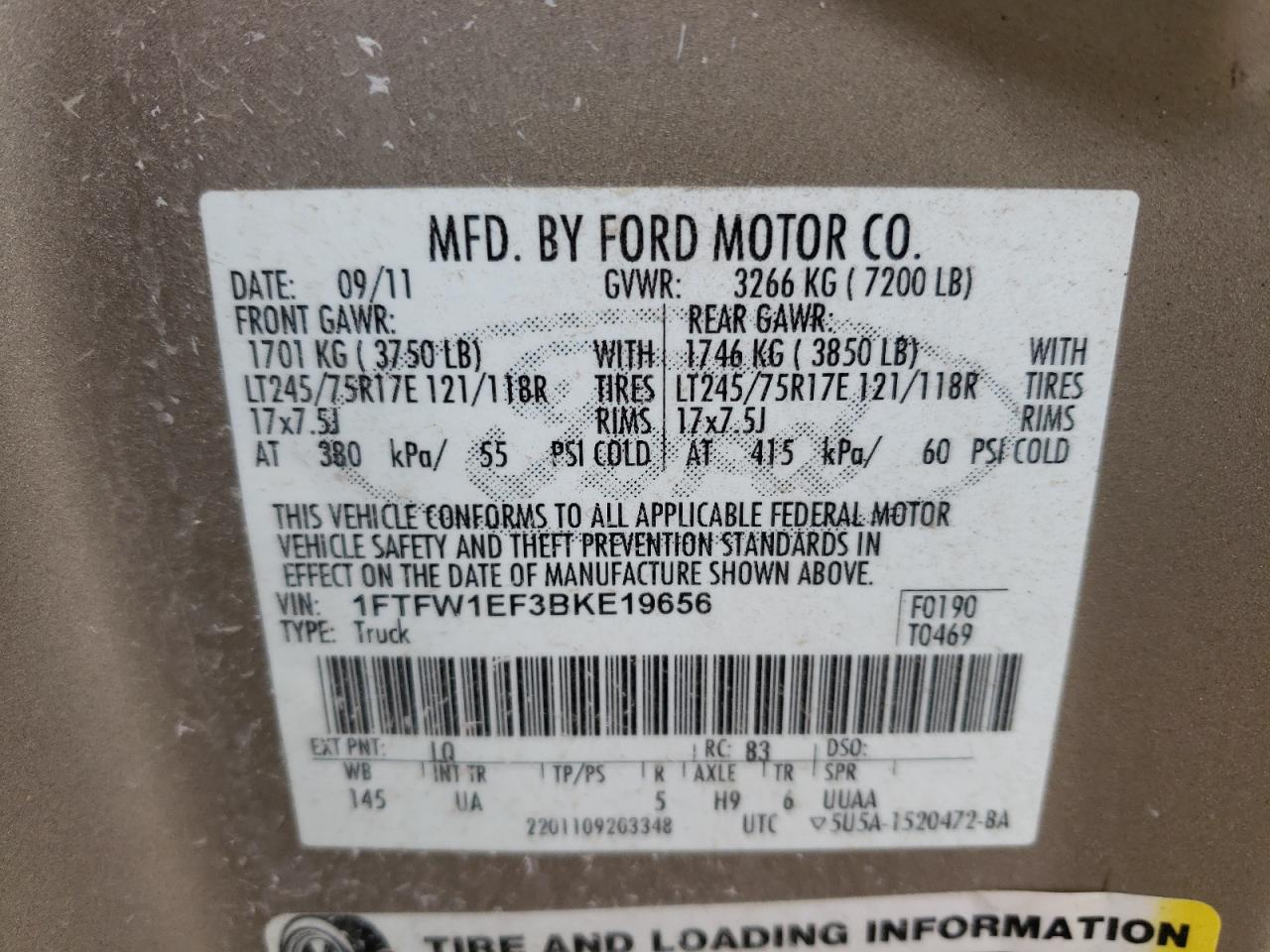 Photo 10 from auction – 2011 FORD F150 SUPER with VIN 1FTFW1EF3BKE19656