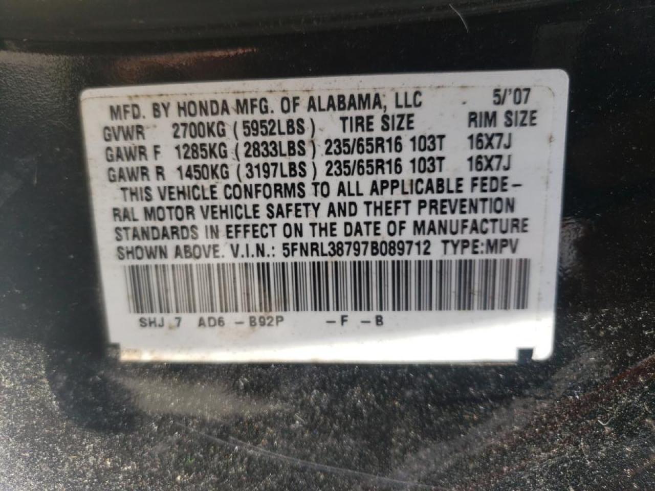 Photo 10 from auction – 2007 HONDA ODYSSEY with VIN 5FNRL38797B089712