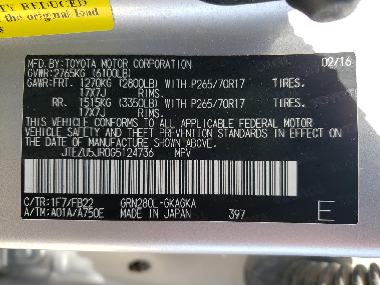 Photo 10 from auction – 2016 TOYOTA 4RUNNER SR with VIN JTEZU5JR0G5124736