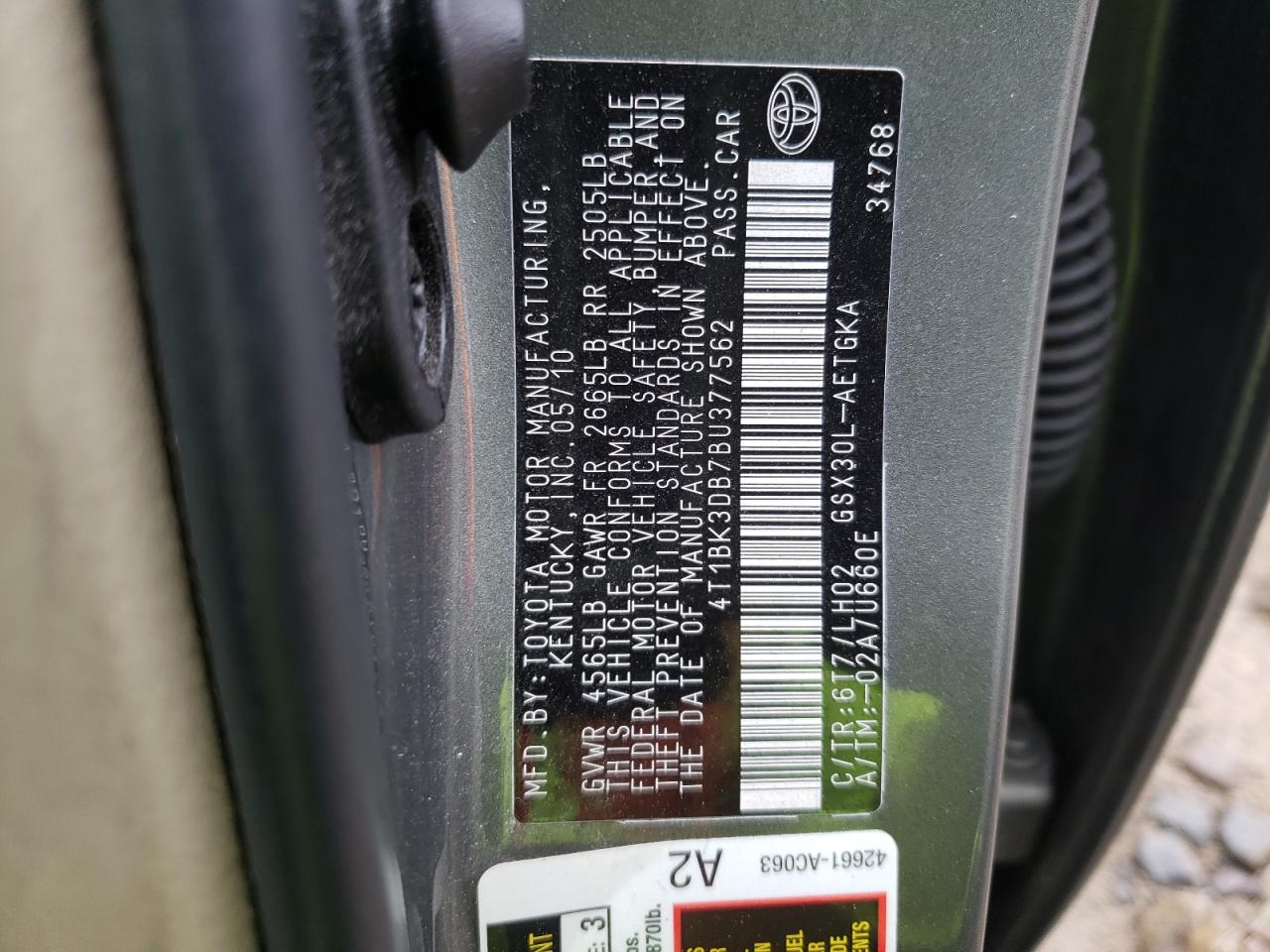 Photo 10 from auction – 2011 TOYOTA AVALON BAS with VIN 4T1BK3DB7BU377562